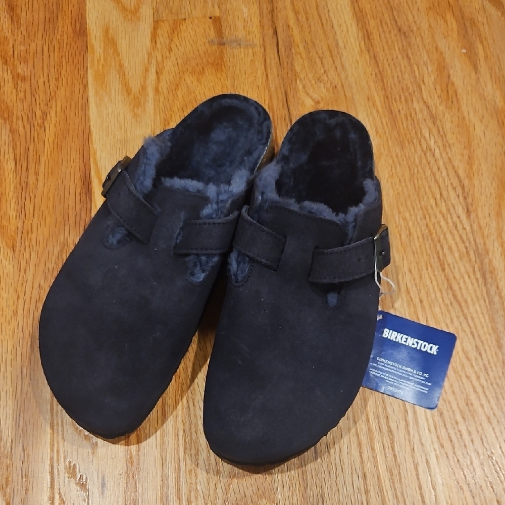 Birkenstock Dark Blue Suede Shearling Slippers, Size 40